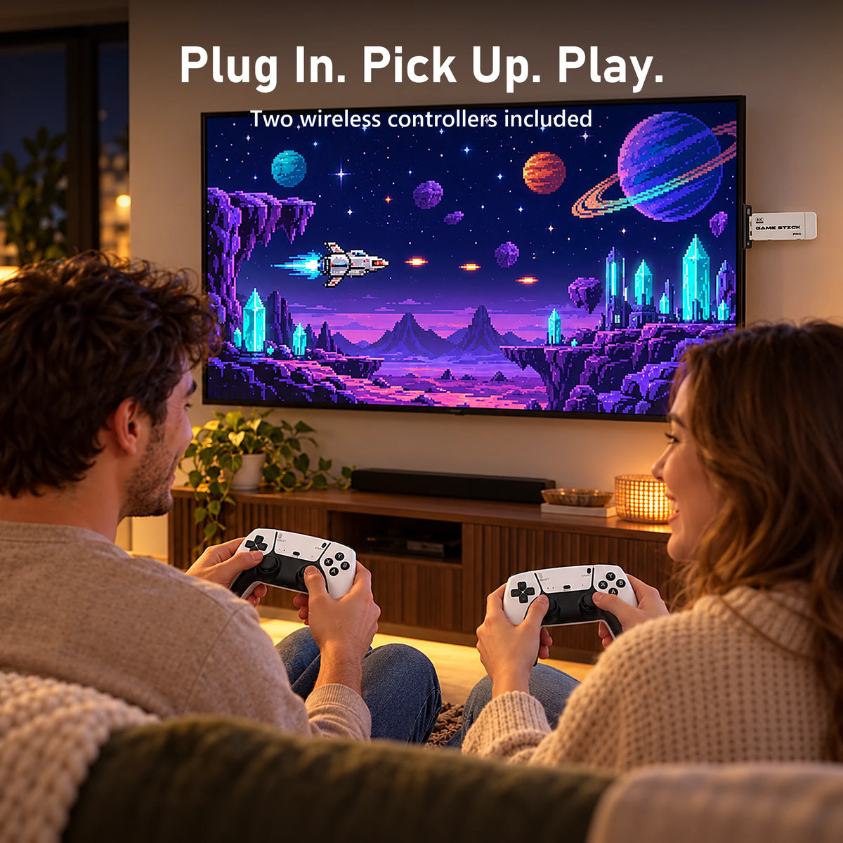 Two players using the M15 Game Stick Pro on a living-room TV