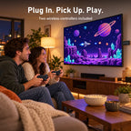 Two players using the M8 Game Stick Lite on a living-room TV