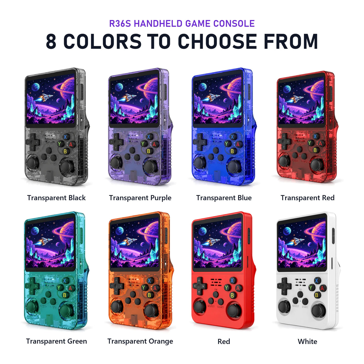R36S handheld game console in 8 colors