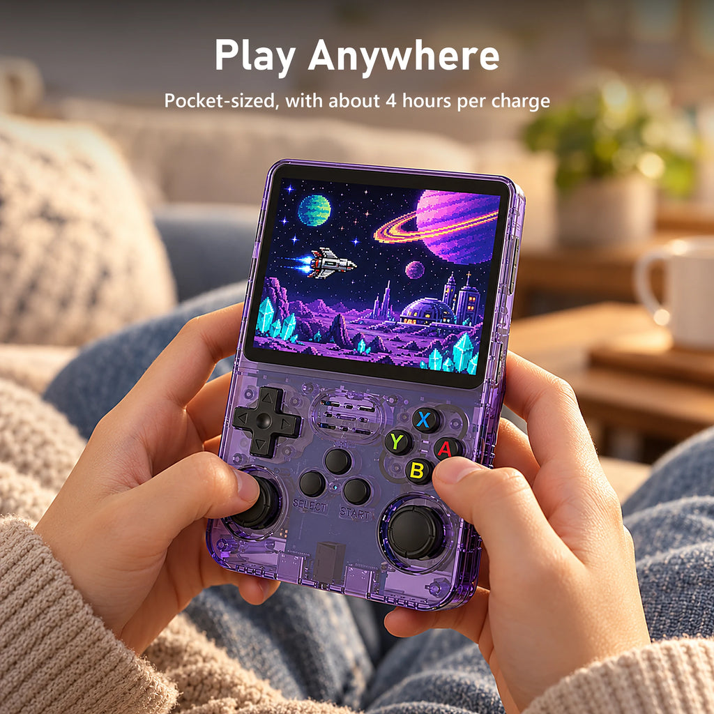 Playing the R36S handheld game console on the sofa