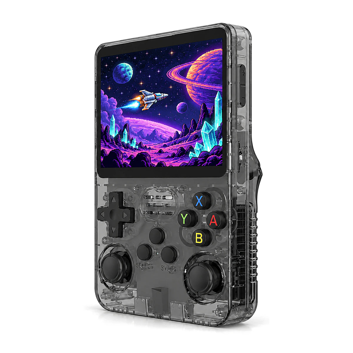 R36S handheld game console in Transparent Black