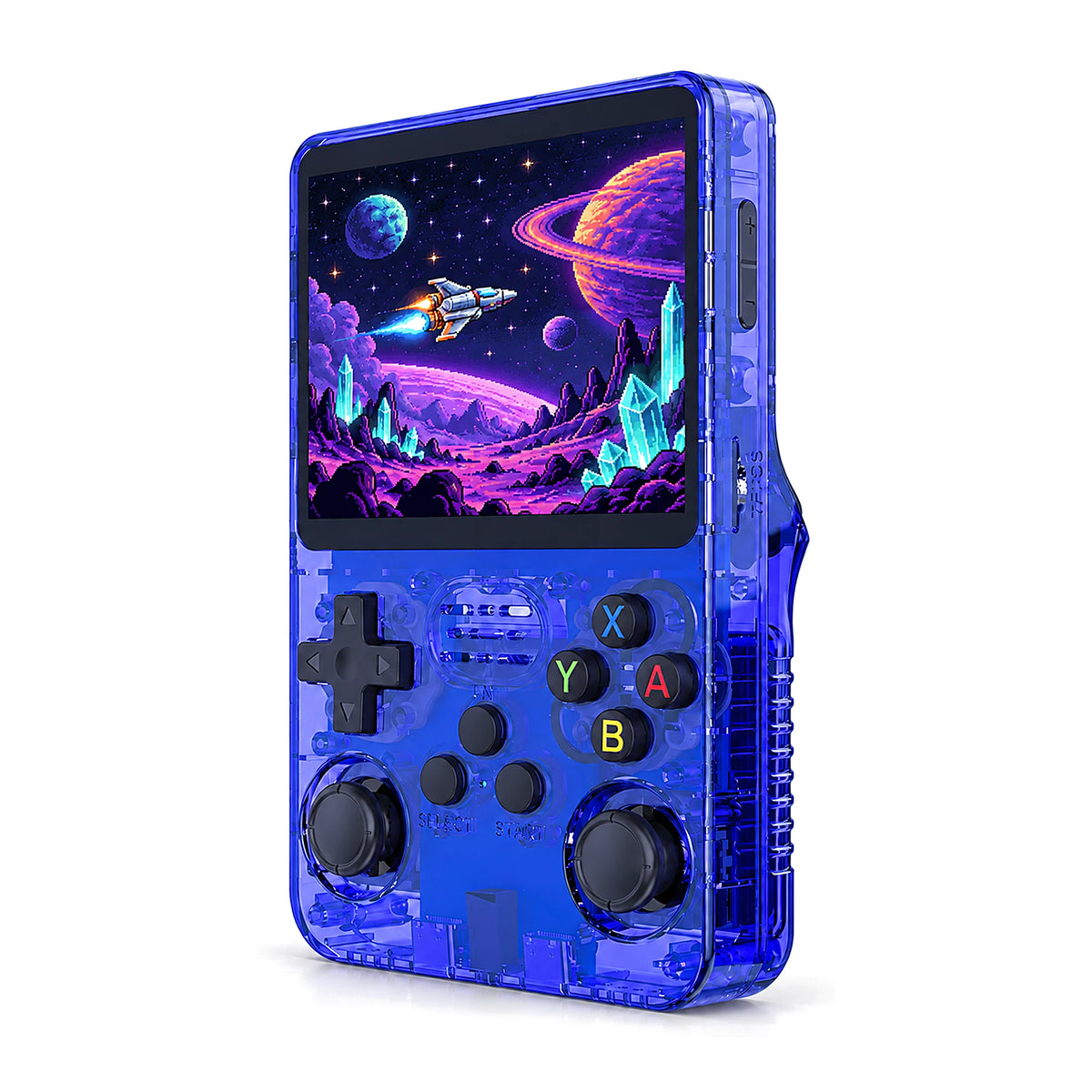 R36S handheld game console in Transparent Blue