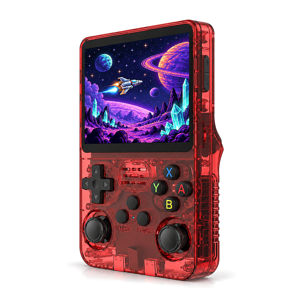 R36S handheld game console in Transparent Red