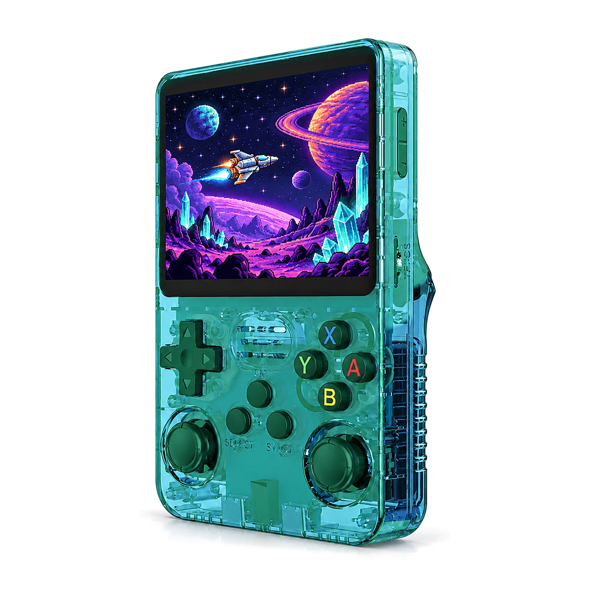 R36S handheld game console in Transparent Green