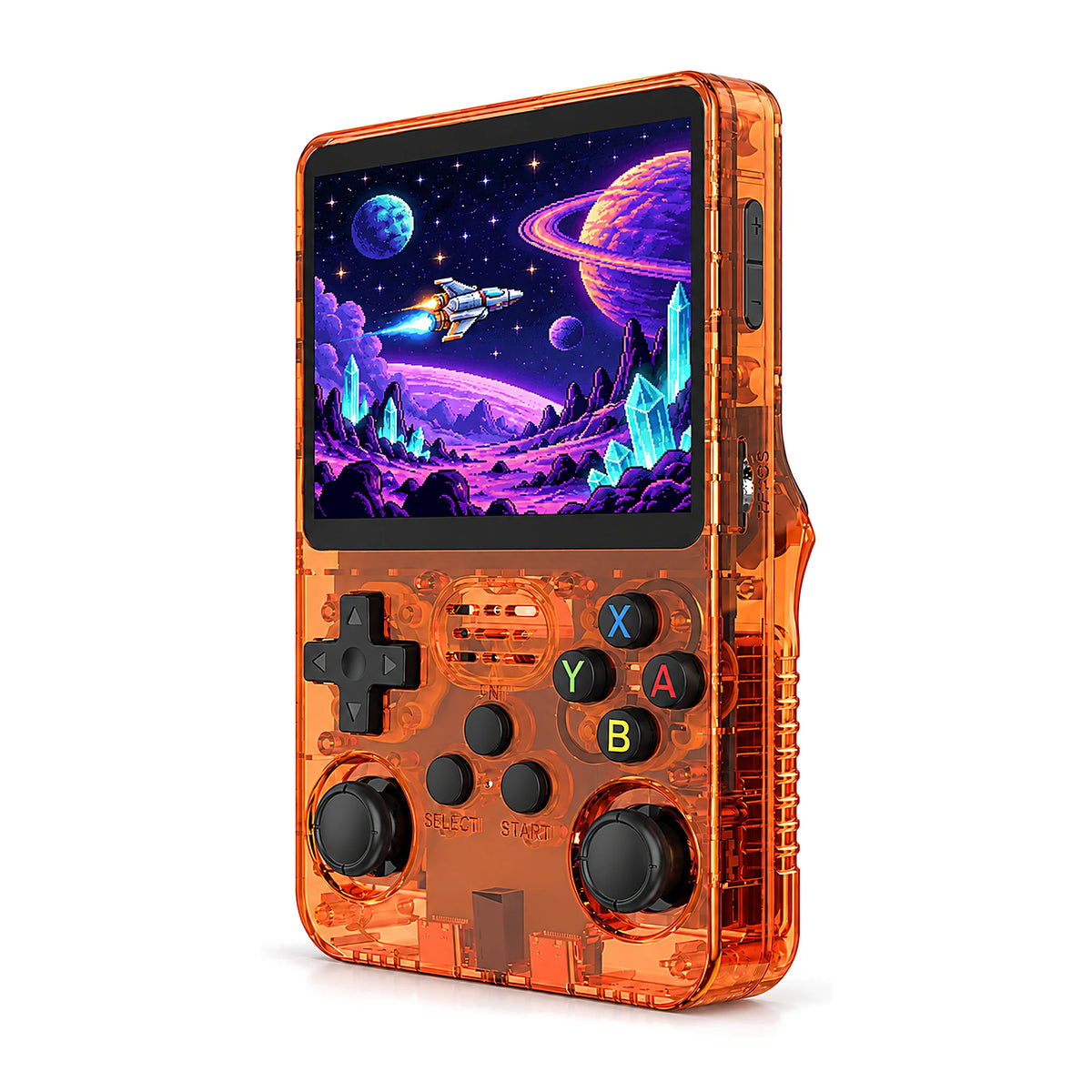 R36S handheld game console in Transparent Orange
