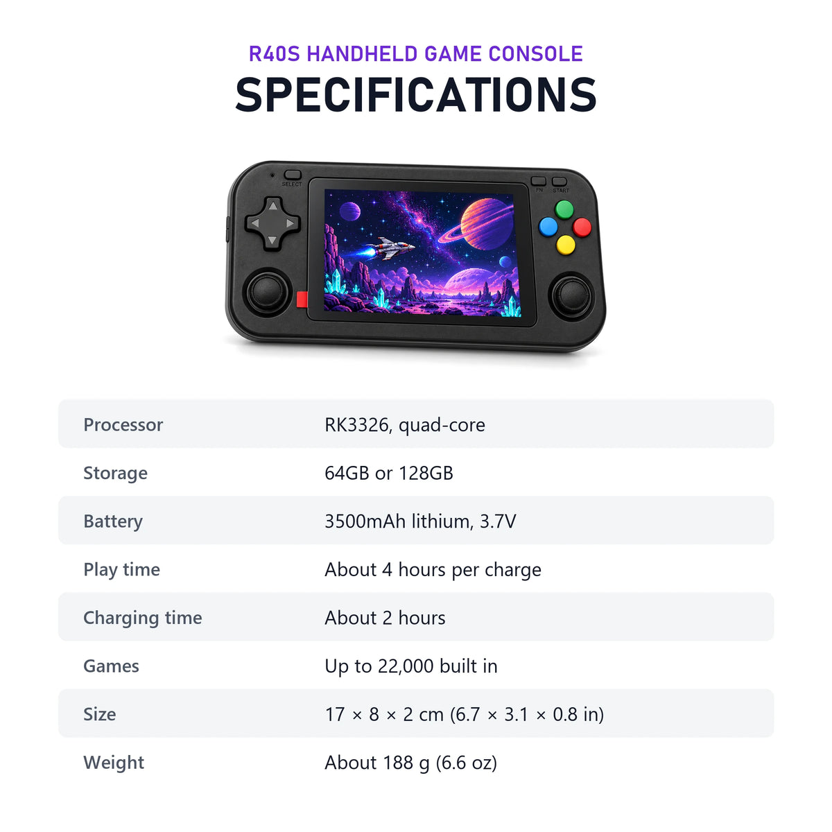 R40S Handheld Game Console specifications