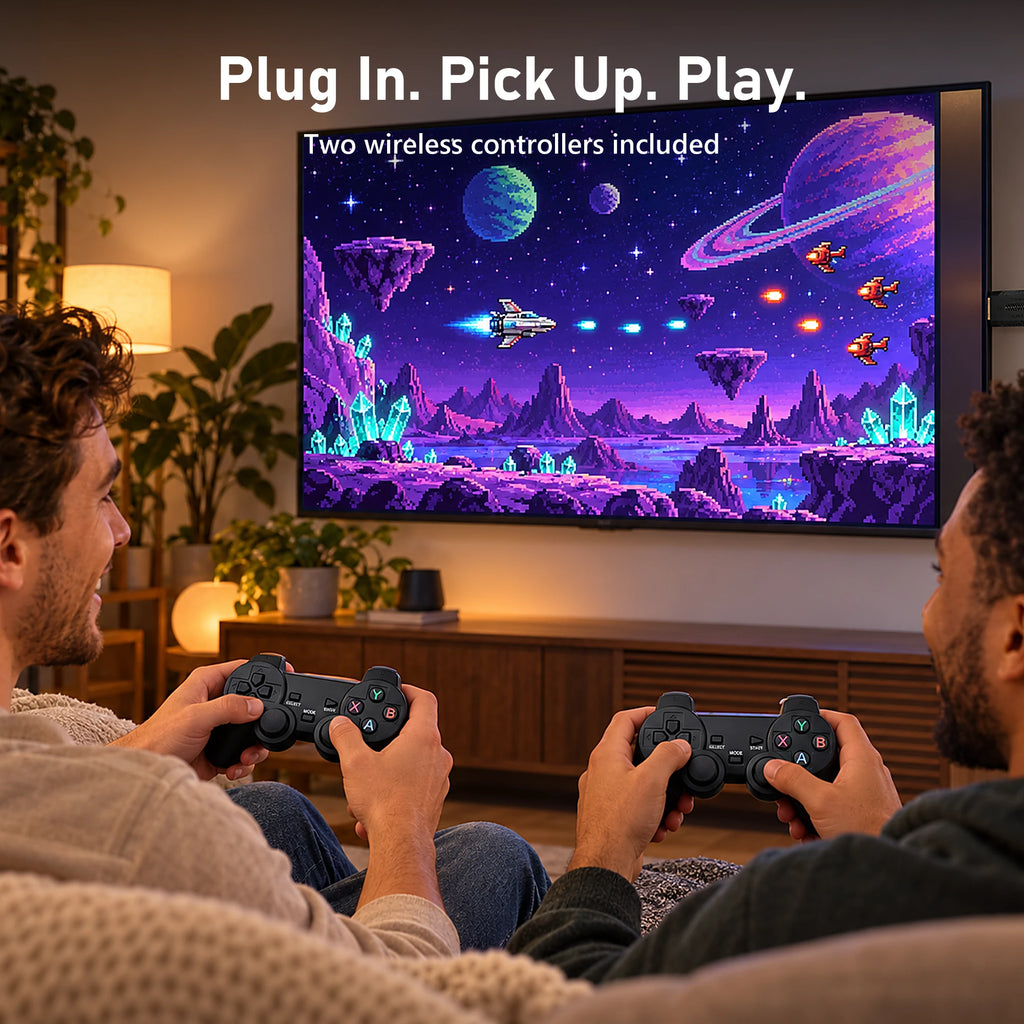 Two players using the X2 Plus Game Stick on a living-room TV